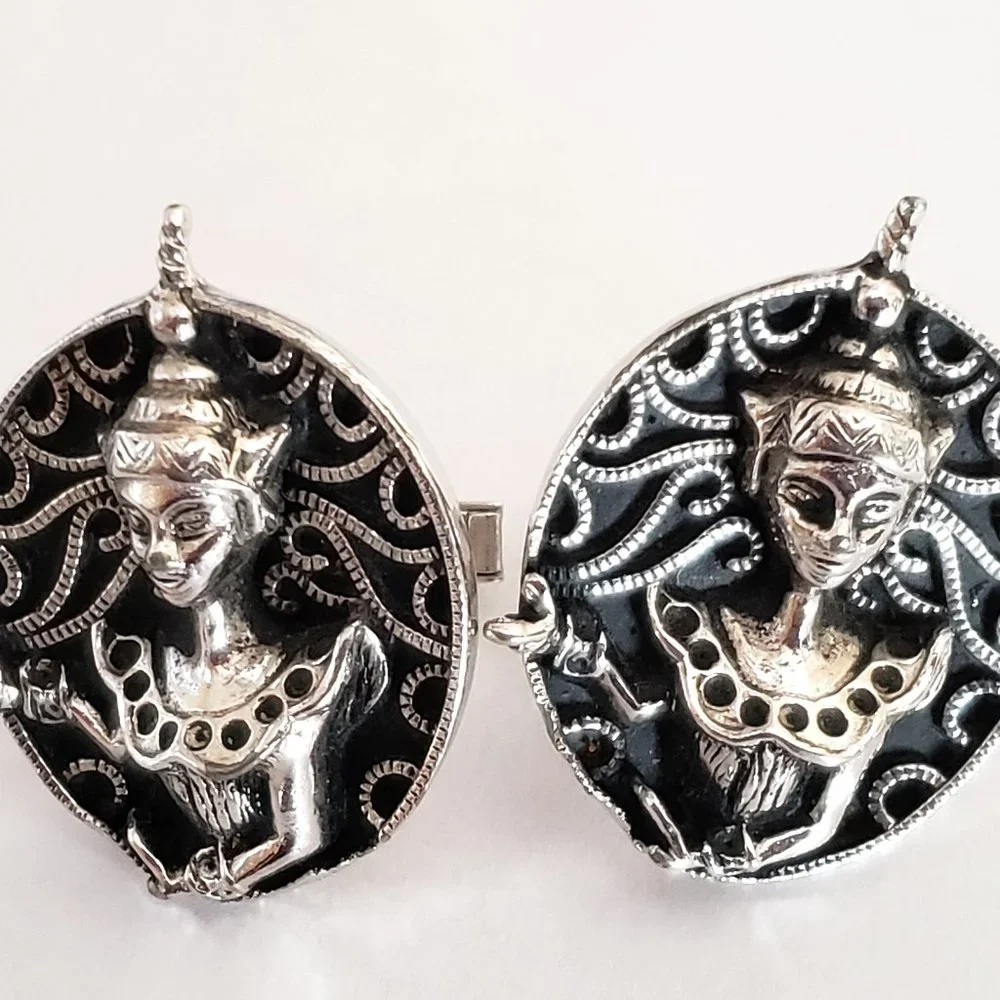 Vintage SWANK Hindu Deity Goddess Asian Cuff Links Large Oval Silver Tone